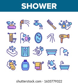 Shower Bathroom Tool Collection Icons Set Vector. Shower Water Drop And Bath, Mirror And Towel, Soap With Bubbles And Shampoo Concept Linear Pictograms. Color Contour Illustrations