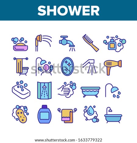 Shower Bathroom Tool Collection Icons Set Vector. Shower Water Drop And Bath, Mirror And Towel, Soap With Bubbles And Shampoo Concept Linear Pictograms. Color Contour Illustrations
