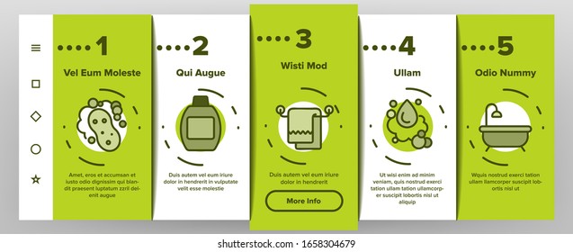 Shower Bathroom Tool Onboarding Icons Set Vector. Shower Water Drop And Bath, Mirror And Towel, Soap With Bubbles And Shampoo Illustrations