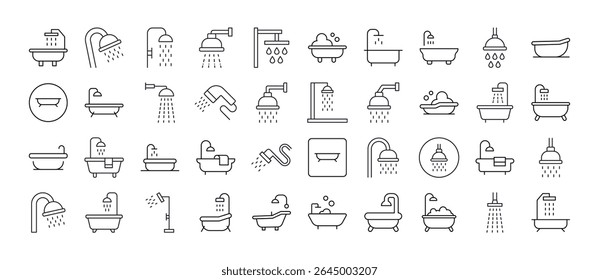 Chuveiro e banheira pacote de ícones de linha relacionados. Outline Signs para Gráficos e Web Design, Apps, Anúncios, Vários Cartões