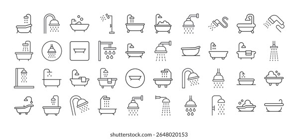 Chuveiro e banheira Line Icon Pack. Outline Signs para Gráficos e Web Design, Apps, Anúncios, Vários Cartões 