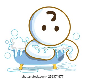 Shower in bathtub and shampoo bubble, He is pantomime, Cartoon vector character design cute and funny background white color.