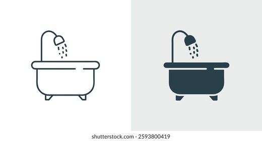 Shower Bathtub Vector Icon Set. Line and Solid with Running Shower, Bathroom Fixture Illustration