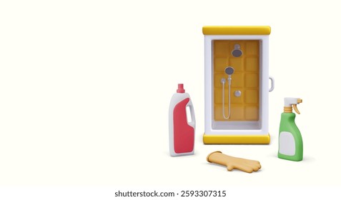 Shower cabin cleaning concept in realistic style. Advertising composition for detergents and inventory. Shower, rubber glove, plastic bottles with empty labels