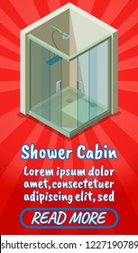 Shower cabin concept banner. Isometric banner of shower cabin comics vector concept for web, giftcard and postcard