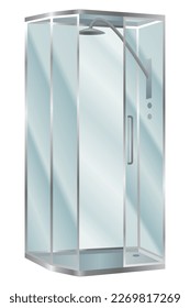 Shower cabin. Elegant bathroom element for bath room interior. Realistic vector cabin with transparent glass doors and modern shower system