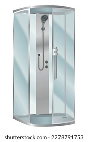 Cabina de ducha. Elegante elemento de baño para el interior de la habitación de baño. Cabaña vectorial realista con puertas de vidrio transparentes y sistema de ducha moderno