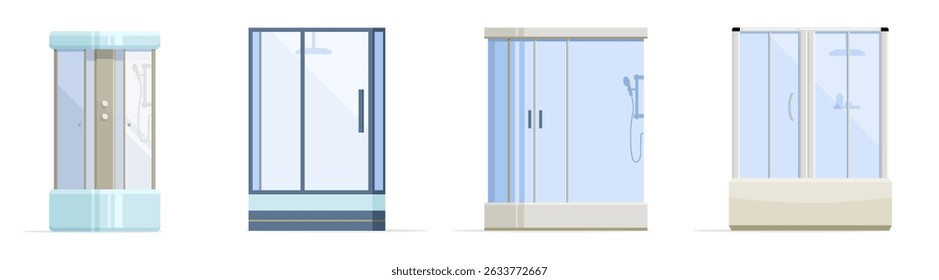 Shower cabin in flat style. Vector set