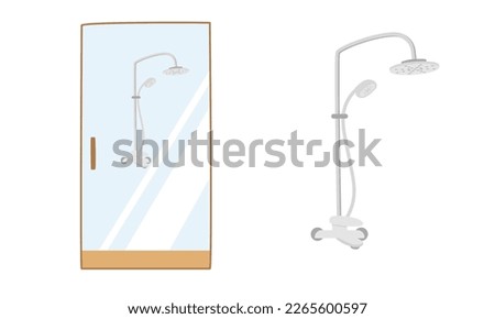 Shower and shower cabin in flat style vector illustration. Simple shower zone with rain head, hand-held shower, and glass door clipart cartoon hand drawn doodle style. Cute vector illustration