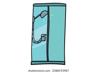 Shower cabin with running water side view colored doodle vector illustration. Isolated on white background