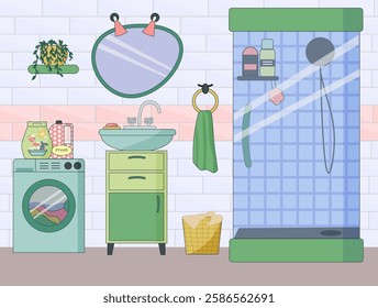 shower cabin and sink with cabinet. Washing machine. Bathroom with hygiene items. Modern design. Vector illustration