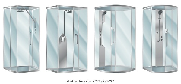 Shower cabins set. Elegant bathroom elements for bath room interior. Realistic vector cabins with transparent glass doors and modern shower system
