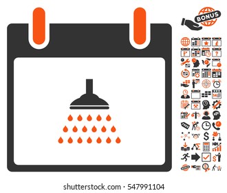 Shower Calendar Day icon with bonus calendar and time management pictures. Vector illustration style is flat iconic symbols, orange and gray, white background.