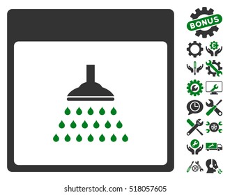 Shower Calendar Page icon with bonus options pictograph collection. Vector illustration style is flat iconic symbols, green and gray, white background.