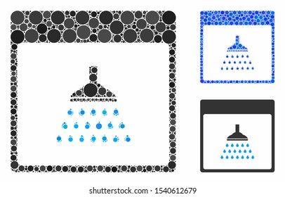 Shower calendar page mosaic of filled circles in variable sizes and color tints, based on shower calendar page icon. Vector filled circles are united into blue composition.