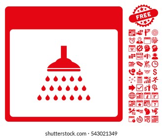 Shower Calendar Page pictograph with bonus calendar and time management symbols. Vector illustration style is flat iconic symbols, red, white background.