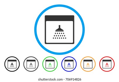 Shower Calendar Page vector rounded icon. Image style is a flat gray icon symbol inside a blue circle. Bonus color versions are grey, black, blue, green, red, orange.