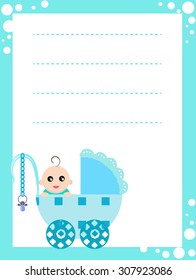 Shower card with cute baby in blue stroller.
