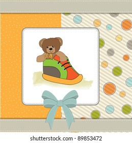 shower card with teddy bear hidden in a shoe