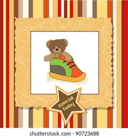 shower card with teddy bear hidden in a shoe