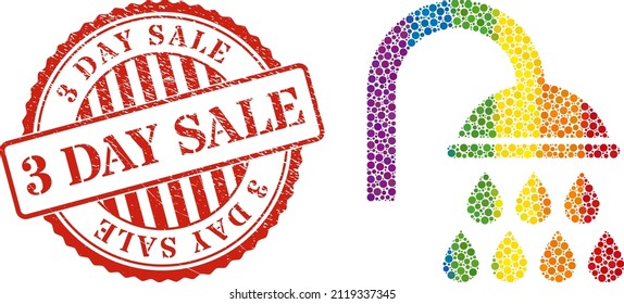 Shower collage icon of filled circles in various sizes and rainbow colored color tones. Red round scratched seal imprint with 3 Day Sale text. A dotted LGBT- colored shower for lesbians, gays,