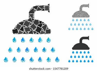 Shower composition of bumpy elements in variable sizes and color tinges, based on shower icon. Vector bumpy pieces are composed into collage. Shower icons collage with dotted pattern.