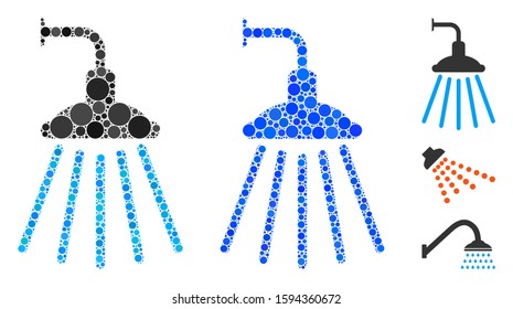 Shower composition of circle elements in variable sizes and color tinges, based on shower icon. Vector circle elements are composed into blue composition.