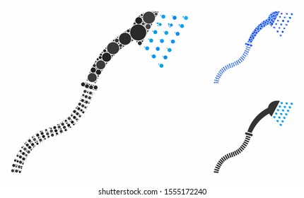 Shower composition of circle elements in various sizes and color hues, based on shower icon. Vector circle elements are organized into blue collage. Dotted shower icon in usual and blue versions.
