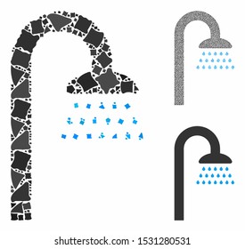 Shower composition of irregular pieces in various sizes and shades, based on shower icon. Vector abrupt pieces are united into mosaic. Shower icons collage with dotted pattern.