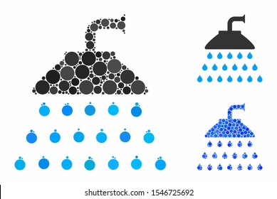 Shower composition of small circles in different sizes and color hues, based on shower icon. Vector random circles are organized into blue composition. Dotted shower icon in usual and blue versions.