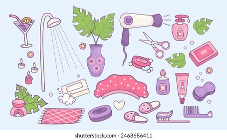 Shower cosmetics set. Personal hygiene products: cream, soap, shower cap, washcloth, comb, toothbrush with toothpaste, aroma lamp with candles, shower, slippers and dryer. Isolated Vector elements