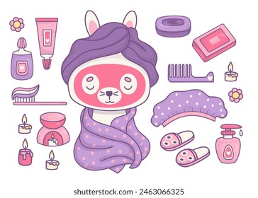 Shower cosmetics and spa treatments. Cute cartoon rabbit wrapped in towel with mask on face. Soap, cream, shower cap, slippers, toothbrush with toothpaste and comb. Isolated vector elements