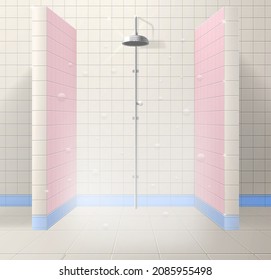 Shower Cubicle Made Of Tiles With A Partition. Steam And Soap Bubbles.