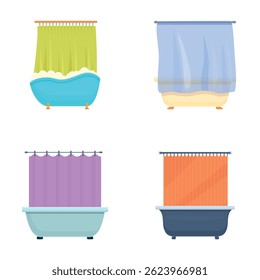 Shower curtain icons set cartoon vector. Various colorful bathtub curtain. Bathroom interior element
