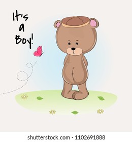 Shower cute teddy bear boy in cap. Sweet kids graphics for t-shirts. Greeting card.