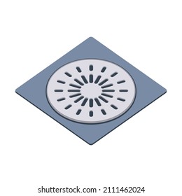 Shower Drain With Hair Catcher Cover. Stainless Drainage Manhole With Stainless Grid On Sewer. Plumbing, Water Pipes Sewage Equipment. Cleaning And Unclogging Concept. Cartoon Vector Illustration