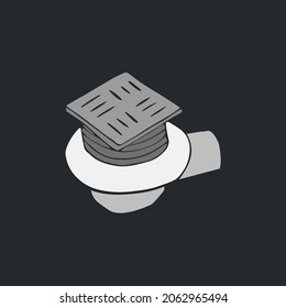 Shower drainage hole on white tiled floor background, drain sewers of round shape for toilet, bathroom or basin top view. Flat vector illustration, icon