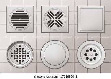 Shower drainage holes with stainless covers on white tiled floor background, drain sewers of round and square shape for toilet, bathroom or basin top view, Realistic 3d vector illustration, icons set