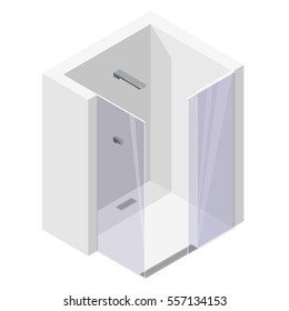 Shower enclosure with sliding glass doors. Modern white bathroom. Vector barier free shower in isometric perspective. Isolated sanitary equipment. encosure shower with modern water battery tap.