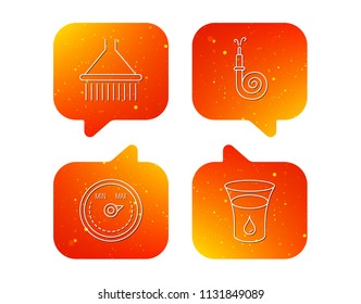 Shower, fire hose and heat regulator icons. Glass of water linear sign. Orange Speech bubbles with icons set. Soft color gradient chat symbols. Vector
