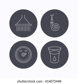 Shower, fire hose and heat regulator icons. Glass of water linear sign. Flat icons in circle buttons on white background. Vector