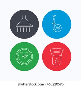 Shower, fire hose and heat regulator icons. Glass of water linear sign. Linear icons on colored buttons. Flat web symbols. Vector
