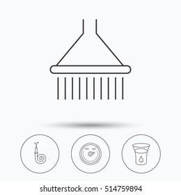 Shower, fire hose and heat regulator icons. Glass of water linear sign. Linear icons in circle buttons. Flat web symbols. Vector