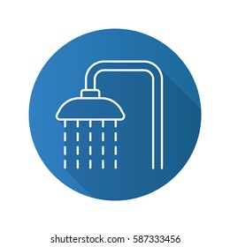 Shower flat linear long shadow icon. Shower faucet with flowing water. Vector line symbol