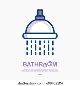 Shower with flowing water thin line icon. Vector illustration of hygiene for health.