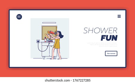 Diseño de la página de aterrizaje de la ducha. Feliz caricatura de una mujer cantando en un secador de pelo después de bañarse. Mujer alegre usando secador de pelo como micrófono en el baño. Ilustración vectorial lineal
