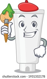 Shower gel artist cartoon picture style paint a landscape using a brush. Vector illustration