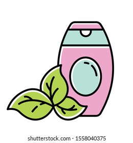 Shower Gel Bottle Color Icon. Bubble Bath. Body Wash. Botanical Based Skincare. Body Lotion. Beauty Product. Shampoo. Haircare. Organic Cosmetics. Isolated Vector Illustration