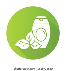 Shower gel bottle green flat design long shadow glyph icon. Bubble bath. Body wash. Plant based skincare. Beauty product. Shampoo. Haircare. Organic cosmetics. Vector silhouette illustration