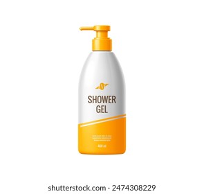 Shower gel bottle package cosmetic product template. Isolated realistic 3d vector pump bottle mockup with white and yellow color scheme. Professional line packaging for beauty and cosmetics industry